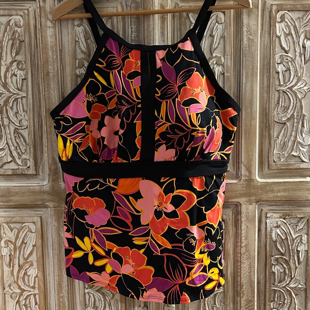 Lands' End Floral High Ncck Tankini Swimsuit Top 18 W/L